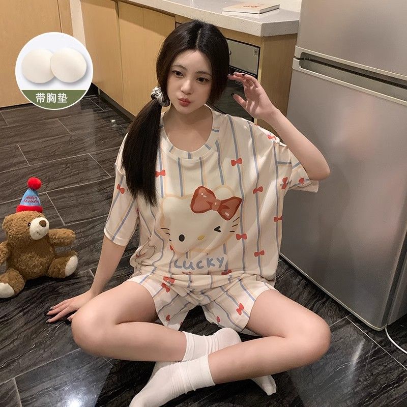 Venta al por mayor transfronteriza con almohadilla para el pecho pijamas de gato KT pantalones cortos de manga corta de verano para mujer, lindo traje de servicio a domicilio coreano, algodón de imitación