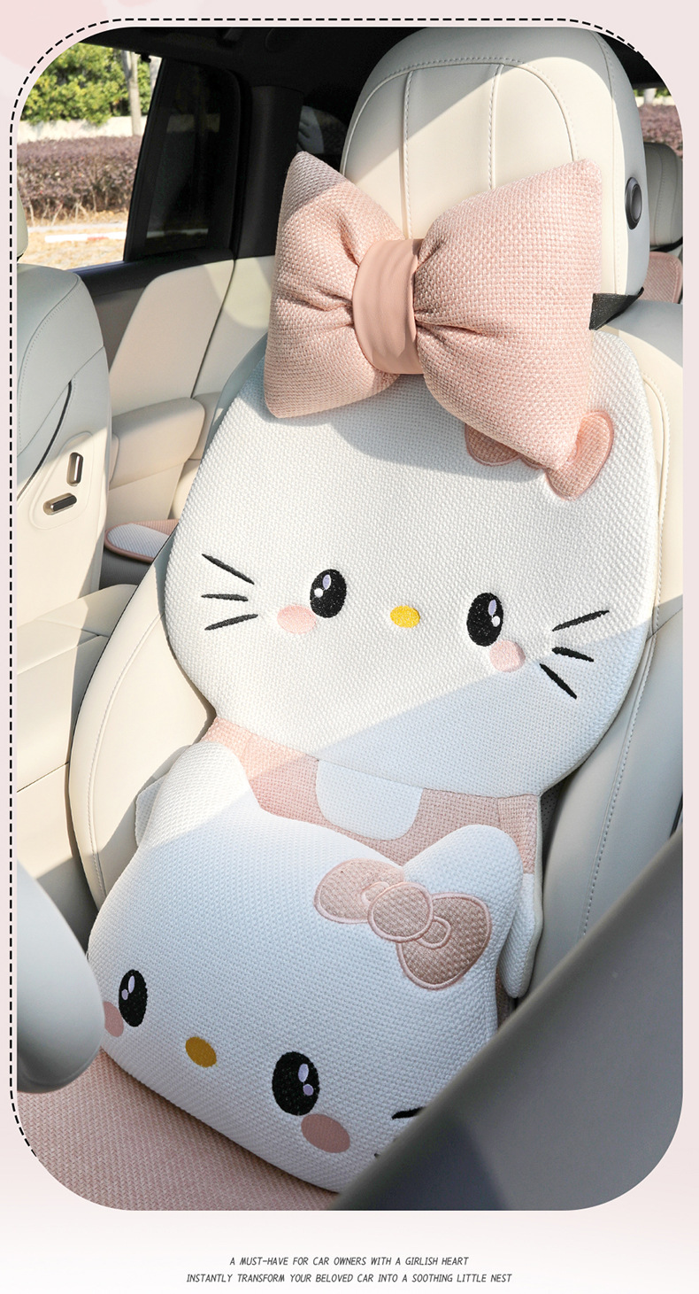 26 new linen car seat cushions, suitable for all seasons, breathable for summer, cute cartoon KT cat design for women, rear seat covers
