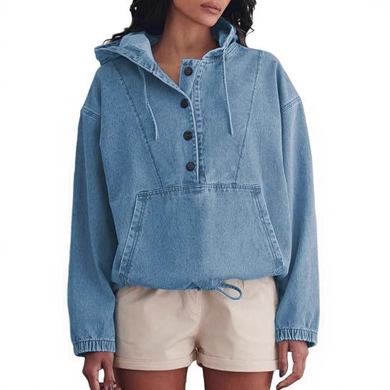 European and American Cross-Border 2026 Women's Fashion Denim Hooded Button-Up Pullover Jacket Denim Sweatshirt Top for Women