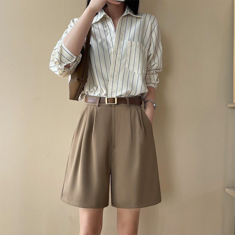 [Quality Hemming] Suit Shorts for Women's Summer Outer Wear, Loose High-Waisted Wide-Leg Mid-Pants, Straight-Leg Casual Trousers