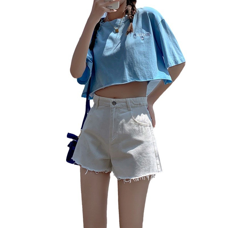 높은 허리 데님 반바지 여성 여름 2024 새로운 슬림 핏 봄 A 자형 느슨한 뜨거운 바지