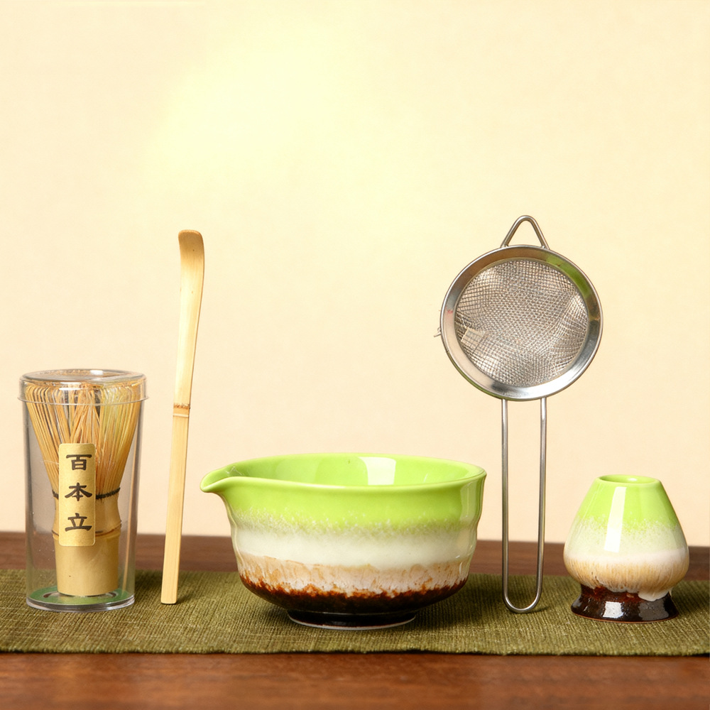 Conjunto de herramientas de matcha de cerámica transfronteriza con cuenco de boca, herramientas de orden de té, cuenco de matcha japonés con conjunto de paneles de té