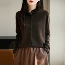 法式温柔风木耳边针织开衫女毛衣外套2025年新款花边领打底衫上衣