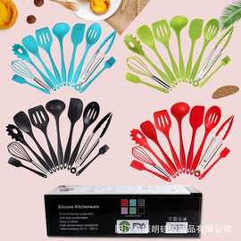 硅胶厨具10件套 烹饪铲勺套装彩盒包装 炒菜锅铲厨房工具现货批发