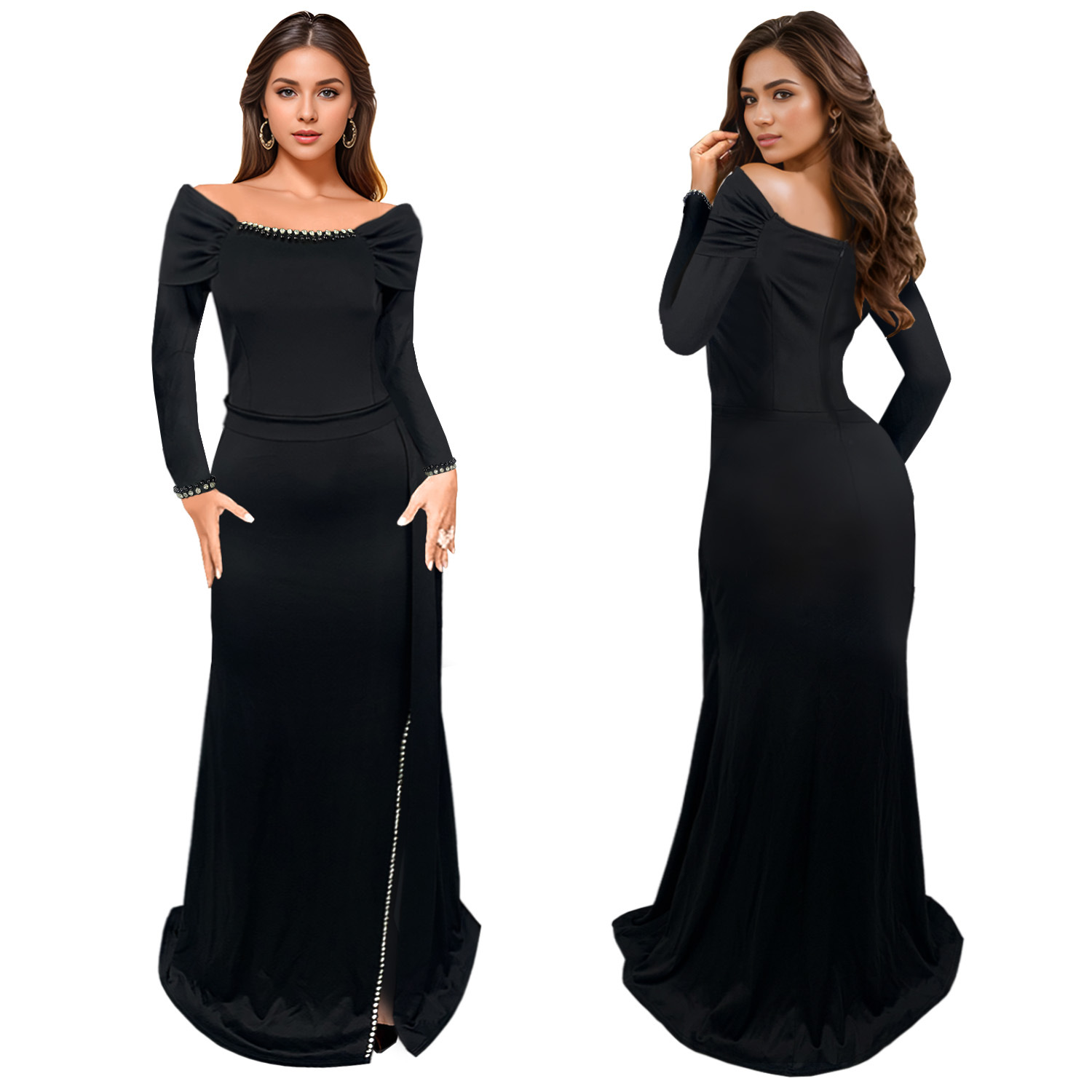 C7283 Aliexpress transfronterizo Amazon Europa y América de moda moda femenina elegante temperamento bajo vestido de noche bifurcado vestido image 6