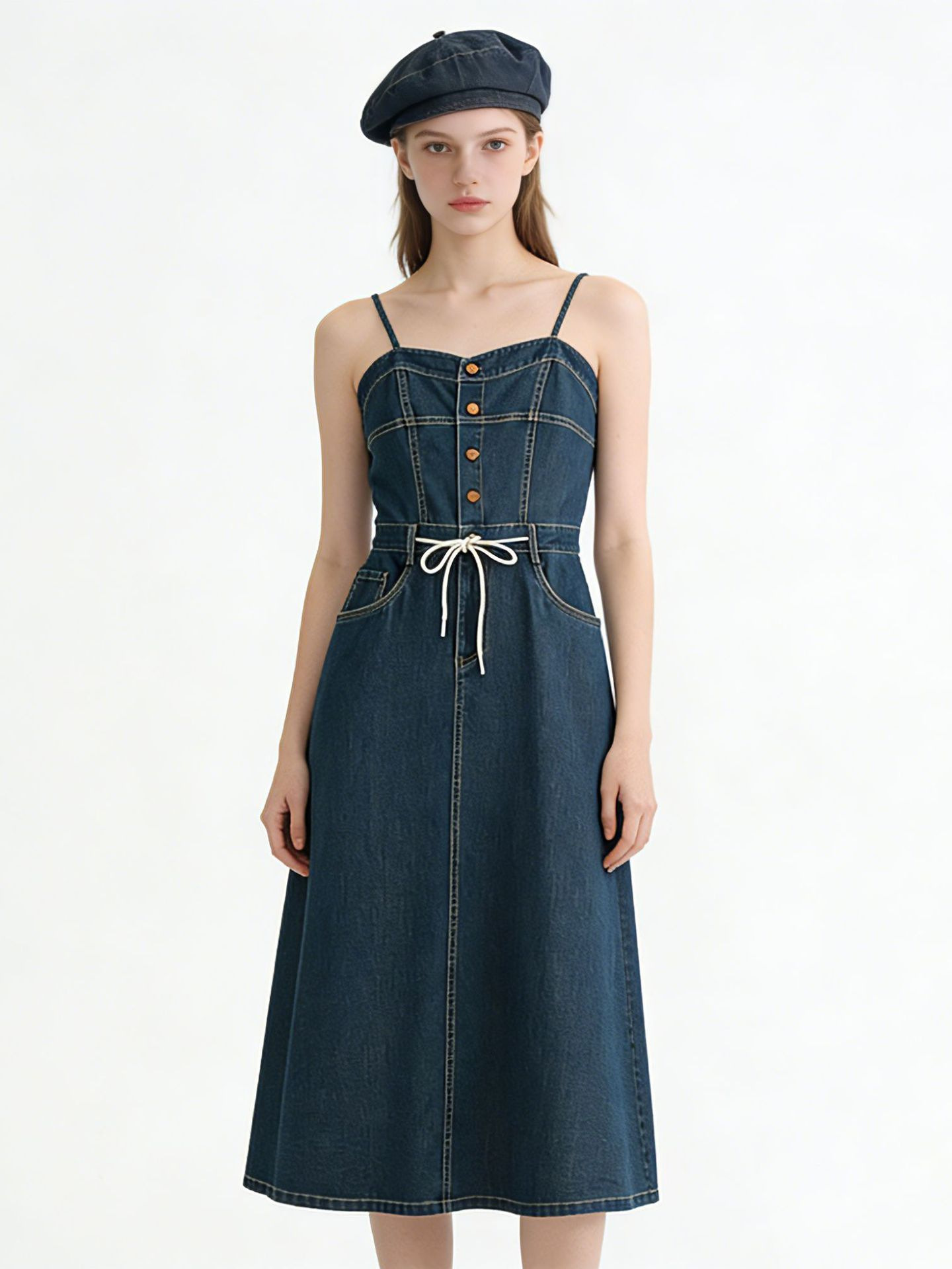 Đầm maxi nữ denim phong cách vintage thiết kế dây đeo thắt eo — xanh lam