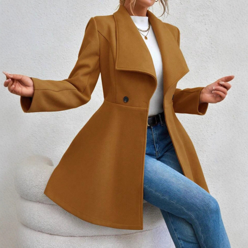 A Stylish Long Woolen Coat With A Fitted Collar For Autumn And Winter, Featuring A Fashionable Turned-Down Collar For Wo_ecoleips.com