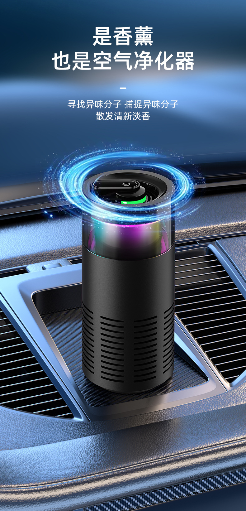 2025 New Car Air Purifier Aromatherapy Deodorization USB Plug-In Colorful Marquee Negative Ion Purifier