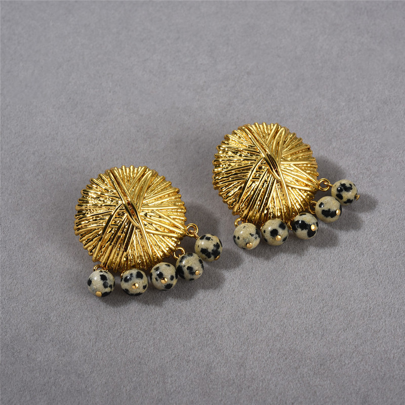 European and American retro high-end trend spotted Stone Energy stone copper plated 18K real gold stud earrings fashion personality unique earrings