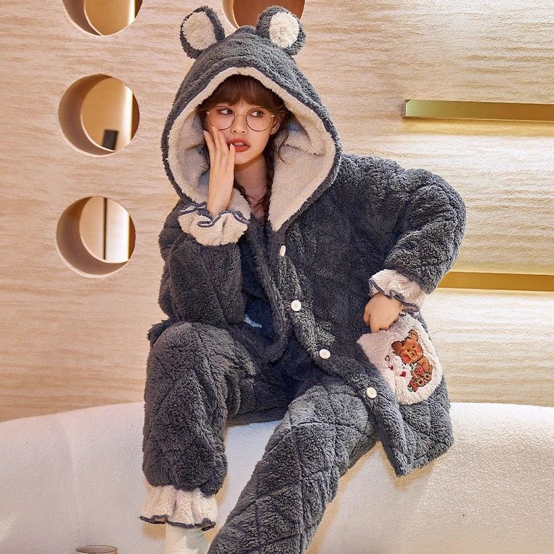 Pijama de embarazo de invierno de coral de lana de tres capas de algodón intercalado 2024 nuevo conjunto de pijama grueso prénatal