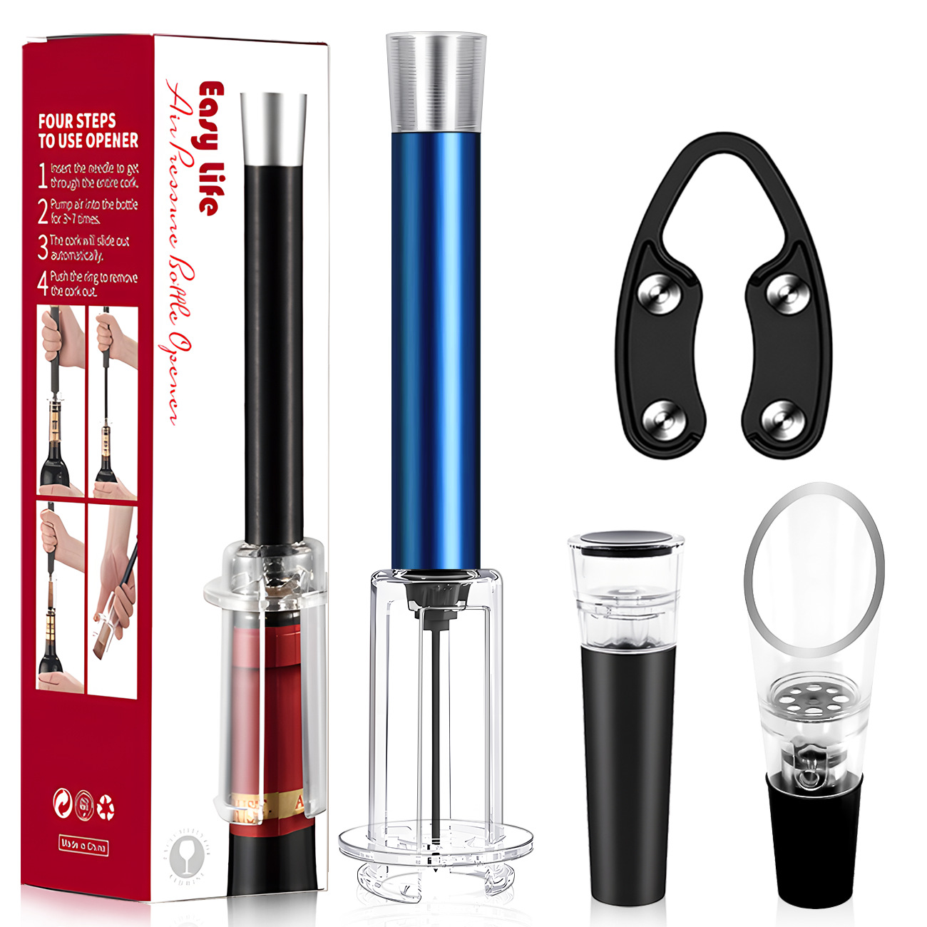 플라스틱 막대 알루미늄 헤드 파란색 공기압 병따개 4개 세트(철 와인 푸어러) 색상 상자