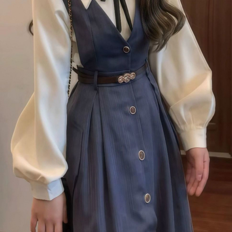 【韩系学院风背心连衣裙子女早初秋新款小个子气质衬衫穿搭套装长|undefined