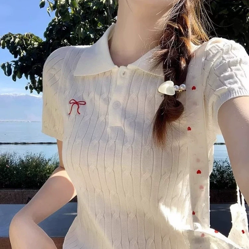 Корейская футболка с короткими рукавами и воротником-поло с милым бантом для женщин, весенний новый стиль с сексуальным тонким топом