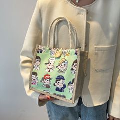 Cartoon Lunch Box Bag for Women, Linen Handbag for Outdoor Use, Durable Makeup Storage Bag, Summer Handheld Canvas Shopping Bag