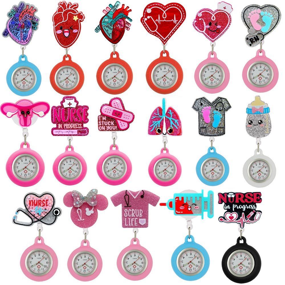 10 piezas / lote lindos dibujos animados brillante enfermera médico reloj de bolsillo insignia neutral carrete retráctil clip médico hospital