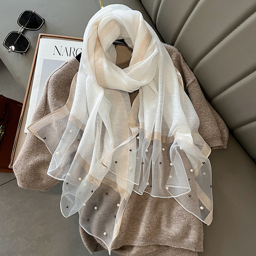  spring and summer new style imitation silk scarf women's sunshade temperament shawl fashionable style scarf beaded scarf
