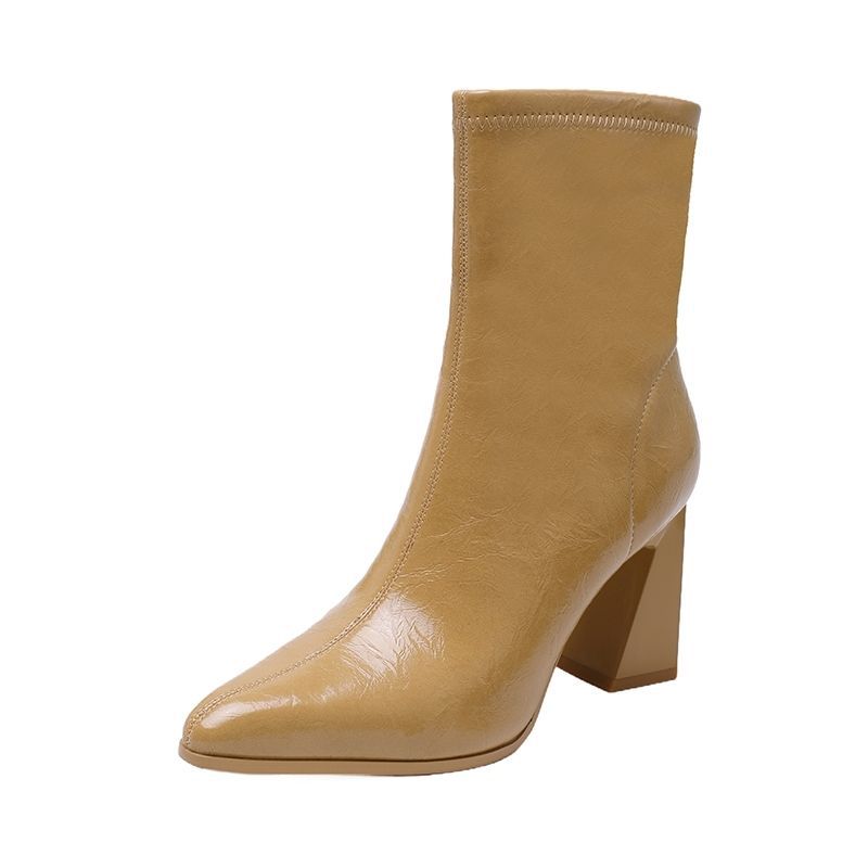 新品时装厘米粗跟高跟靴女冬季新款加绒瘦瘦靴尖头侧拉链男