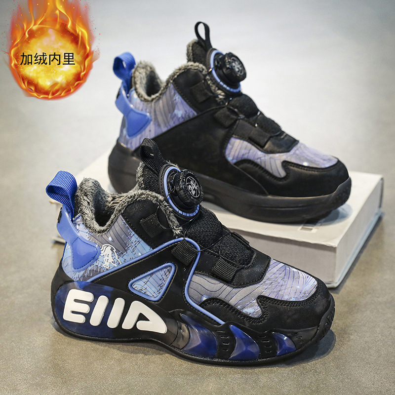 Zapatos de baloncesto de invierno al aire libre caliente para niños, botón giratorio con suela gruesa, zapatos de cuero antideslizantes y veludo