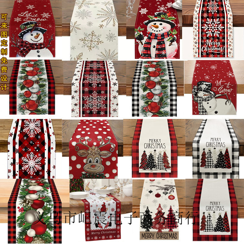 Camino de mesa navideño con estampado de muñeco de nieve y Santa