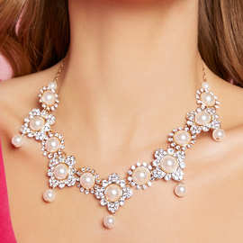 新款欧美婚庆珍珠项链女锁骨链耳环套装奢华配礼服晚宴配饰
