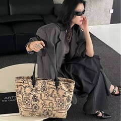 爆款克罗芯复古涂鸦帆布包大容量多元素草编tote沙滩包女士手提包