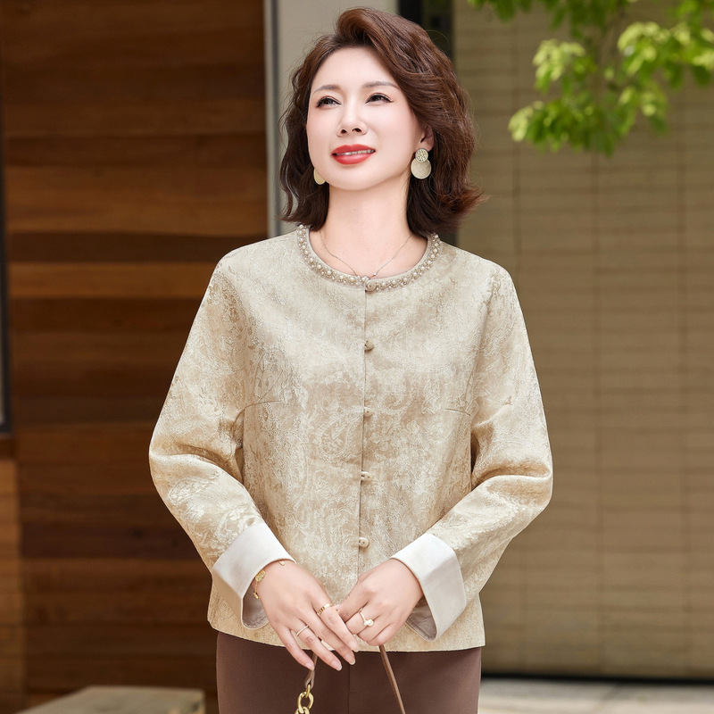 妈妈春秋装小香风外套气质高端钉珠中老年女装轻国风夹克开衫衣|undefined