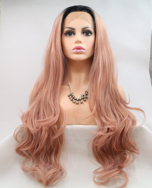 Peluca degradada rosa negra, encaje frontal de fibra química, cabello largo y rizado, encaje africano, cabello largo, capucha, peluca LW0278
