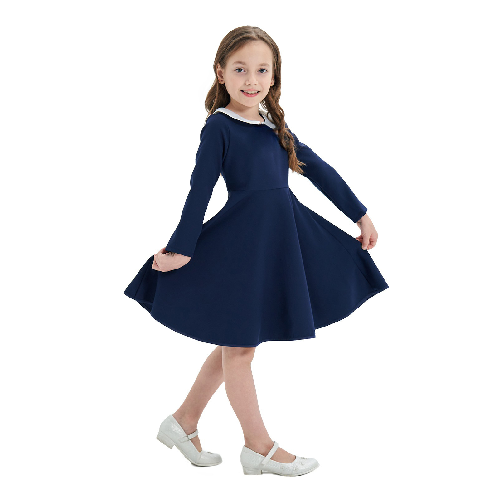 Amazon eBay manga larga nuevo vestido de niñas transfronterizas estilo universitario falda de color de contraste versátil para niños