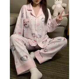 印花卡通睡衣女春秋季翻领开衫长袖日系可爱ins可外穿套装家居服