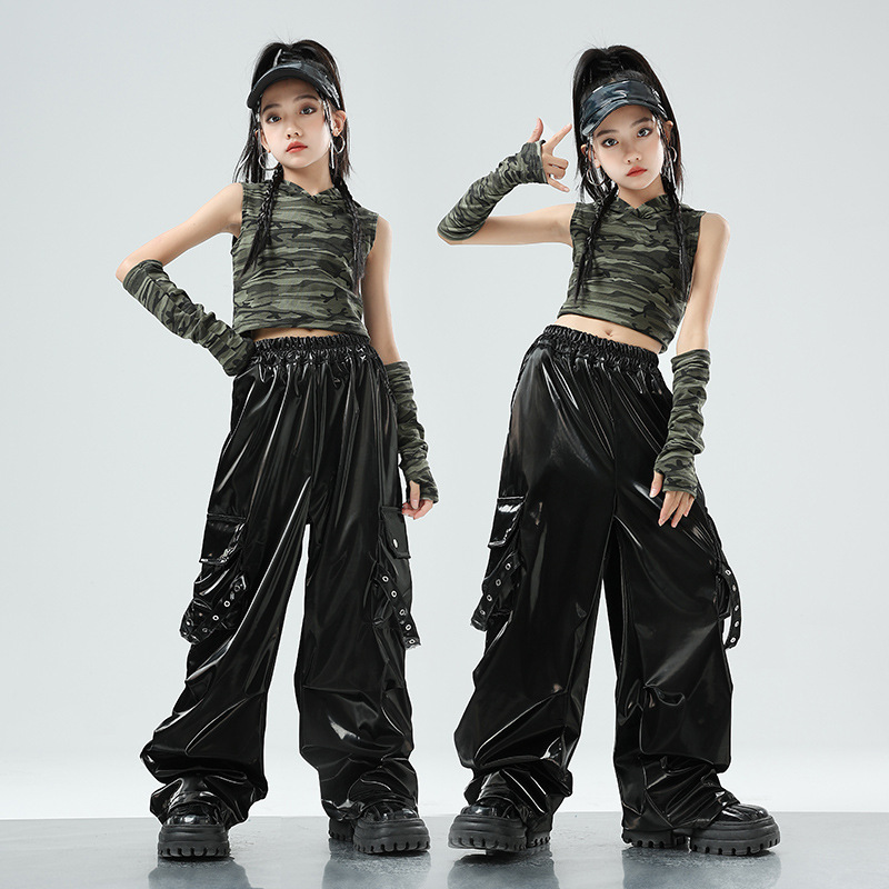 Children's jazz dance clothing camouflage hooded suit with exposed…
