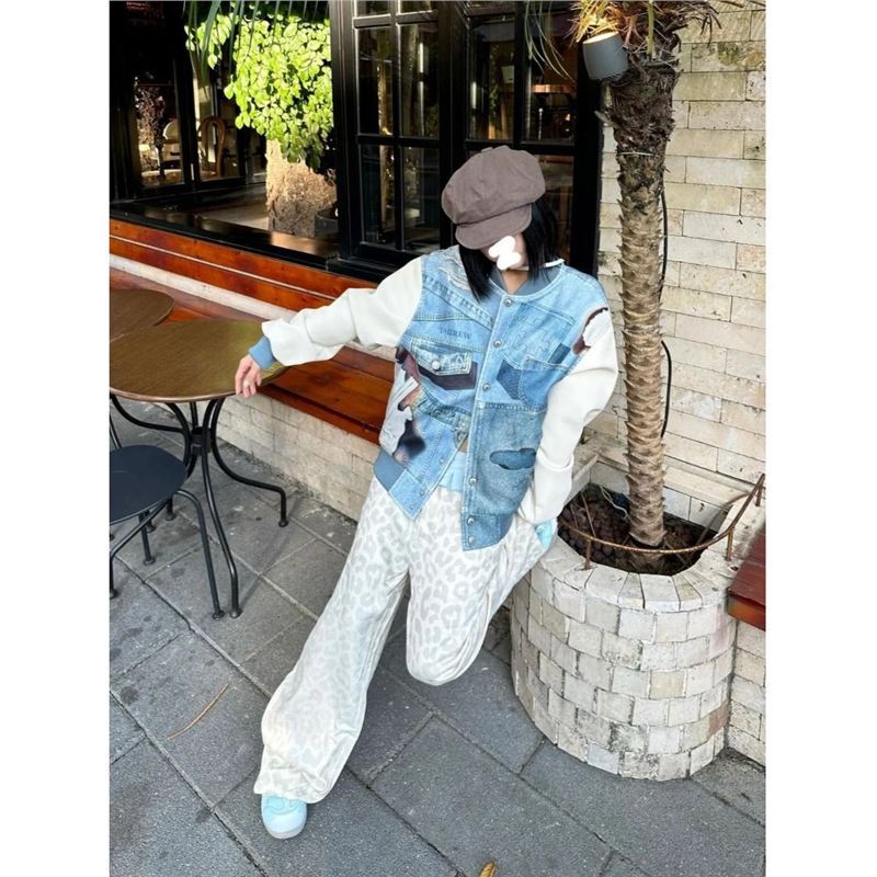 Leopard Print Pants Skirt Splicing Jeans Women's New Slimming Look Loose Straight High Waist Y2K Millennium Versatile Wide Leg Pants