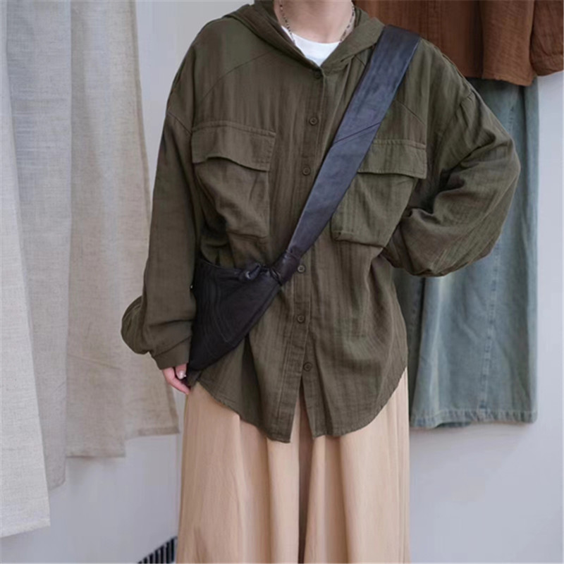 Japanese-style Double-layer Cotton Yarn Hooded Shirt for Women Autumn New Arrival Large Pocket Retro Artistic Loose All-match Top for Women Japanese-style Double-layer Cotton Yarn Hooded Shirt for Women Autumn New Arrival Large Pocket Retro Artistic Loose All-match Top for Women