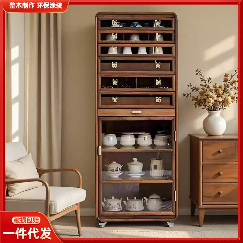 Black Walnut Solid Wood Mobile Side Cabinet, Floor-Standing Storage Cabinet for Collectibles and Jewelry with Wheels, Tea Set Storage Cabinet, Mobile Storage