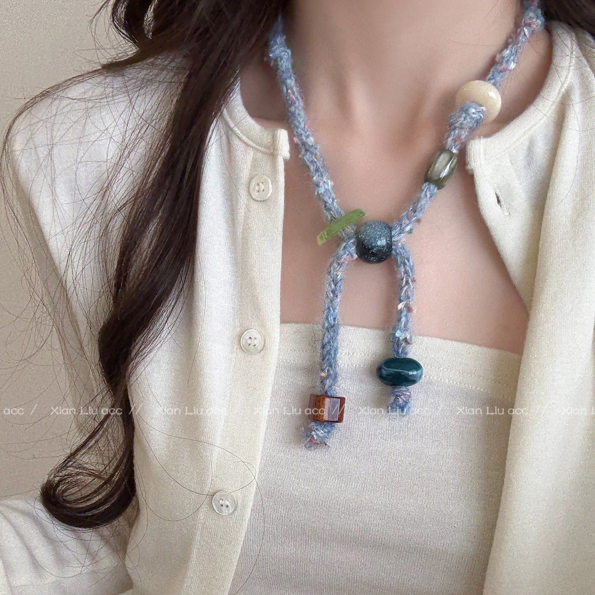 早秋针织毛线串珠项链女生2025新款小众设计感毛衣链独特漂亮配饰