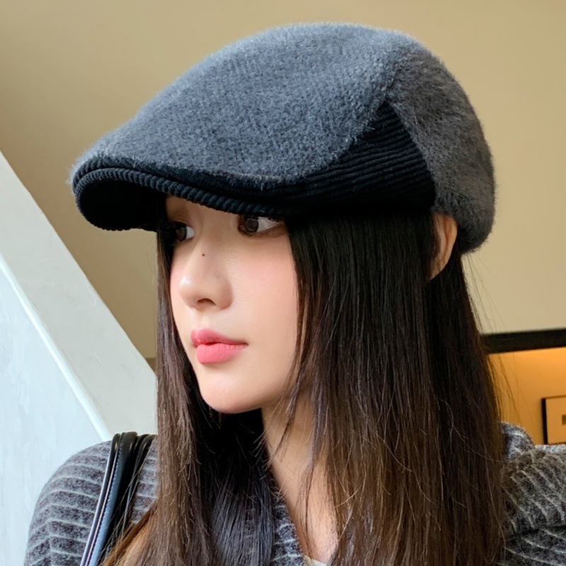 韩版文艺青年画家帽秋冬女士英伦风前进帽复古拼接加厚保暖鸭舌帽|undefined