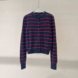 2025秋季新款女装简约时尚百搭复古条纹长袖针织开衫上衣 804118