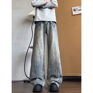 男士牛仔裤秋季做旧水洗灰蓝闪电纹超阔腿拖地美式复古潮牌长裤
