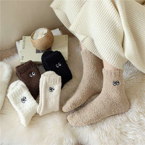 Eye socks plus velvet, thickened coral velvet, non-shedding autumn socks, sleep socks, floor socks, home warm in winter