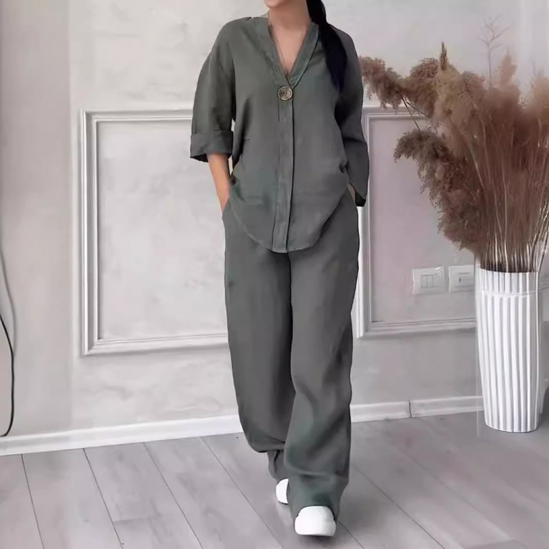 Women's Fashion Wide Leg Pants Set Casual Retro Style Full Length Polyester Spring/Autumn Wear_voghion.com