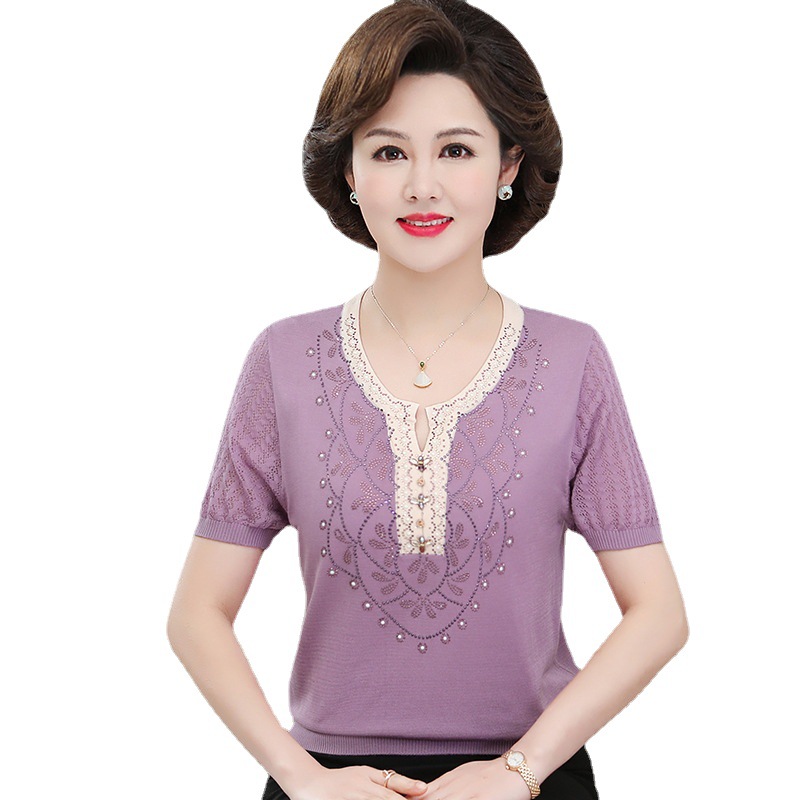 Mom's Summer Shirt, Fashionable Top, 40-50 Years Old 2024 New Middle-Aged and Elderly Women's Loose Ice Silk Short-Sleeved T-Shirt