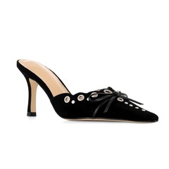 絨面蝴蝶結鏤空尖頭高跟鞋涼鞋女2023外貿新款氣質包頭半拖穆勒鞋