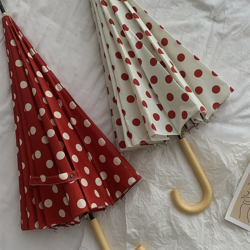 High-Quality Large Hong Kong-Style Long-Handle Umbrella for Women, Polka Dot, 16-Rib, Foldable, Automatic, Sturdy, Dual-Use for Sun and Rain, Reinforced