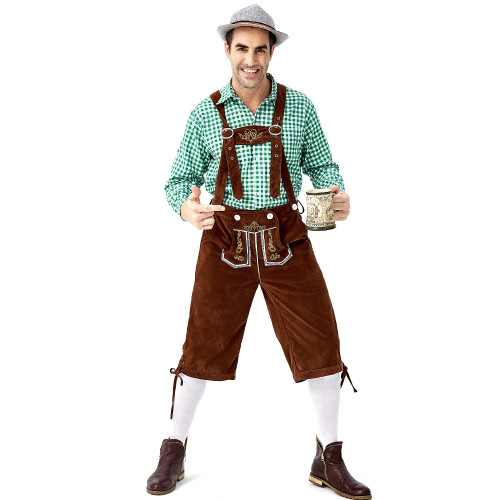German Traditional Men's Beer Festival Outfit: Plaid Collared Shirt, Embroidered Belted Pants with Hat Set