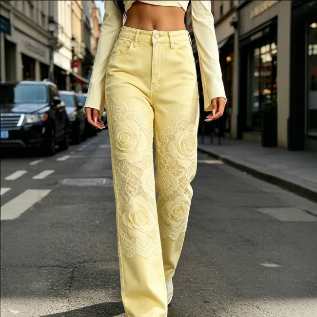 Amazon Independent Site European and American Cross-Border 3D Printed Women's Fashion Casual Floral Print Straight-Leg Faux Denim Pants Amazon Independent Site European and American Cross-Border 3D Printed Women's Fashion Casual Floral Print Straight-Leg Faux Denim Pants