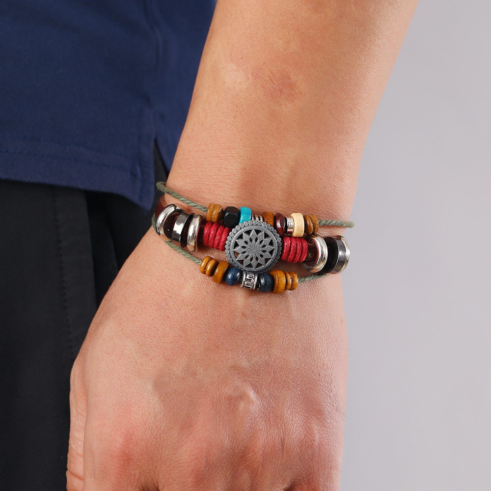 Geometric Pattern Unisex Gender Handmade Design Retro Geometric Alloy Wooden Beads Cowhide Handmade Unisex Bracelets