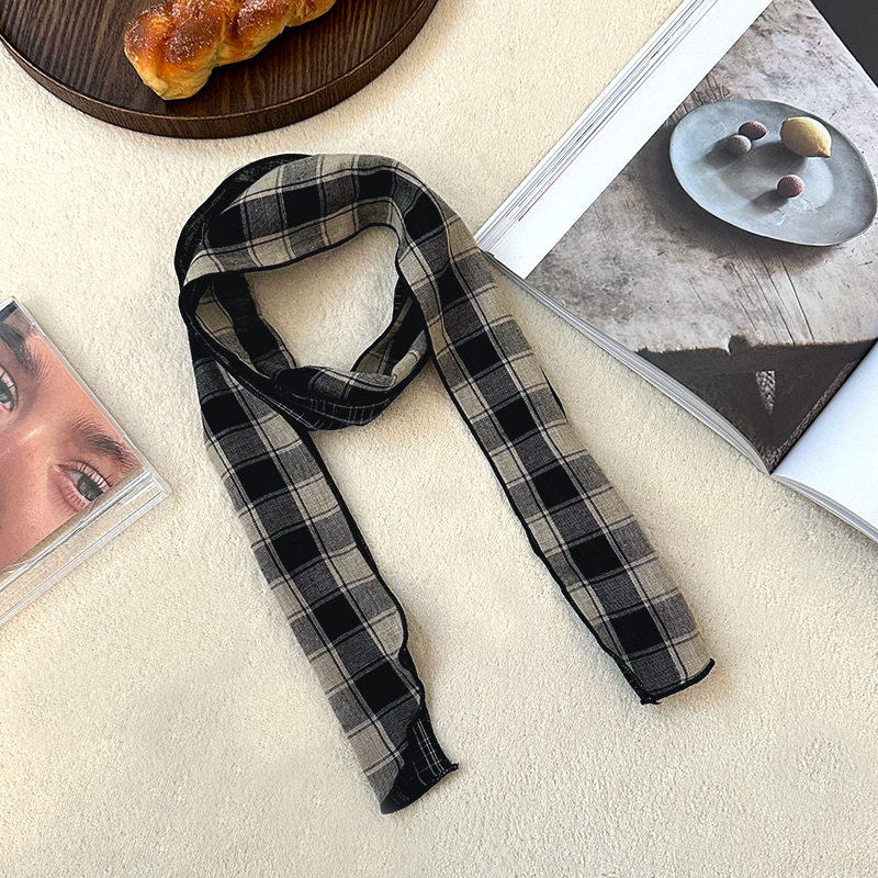 Pañuelo de seda largo, bufanda delgada y estrecha a cuadros retro de alta calidad, bufanda versátil, pañuelo en la cabeza, cinturón decorativo para el cabello