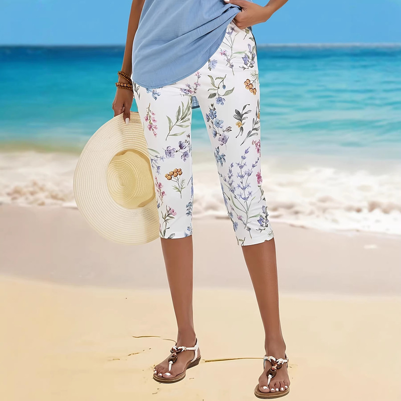 Women's Capri Leggings - Elastic and Comfortable, Floral and Geometric Pattern Print, 7/8 Length Leggings for Spring