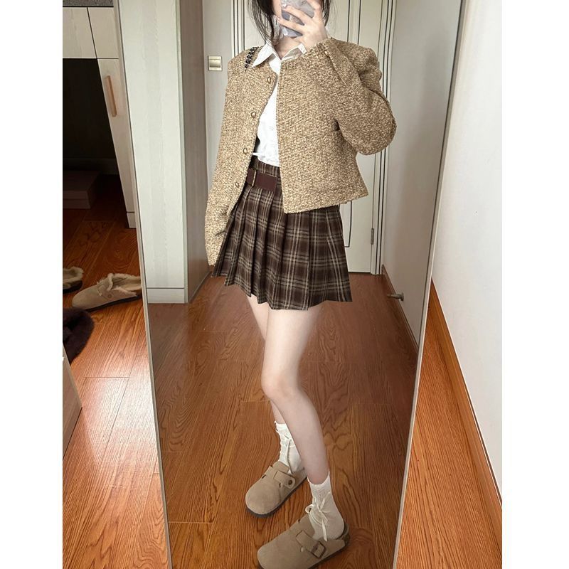 套装女秋冬新款小香风圆领粗花呢短款外套气质衬衫高腰格子半身裙