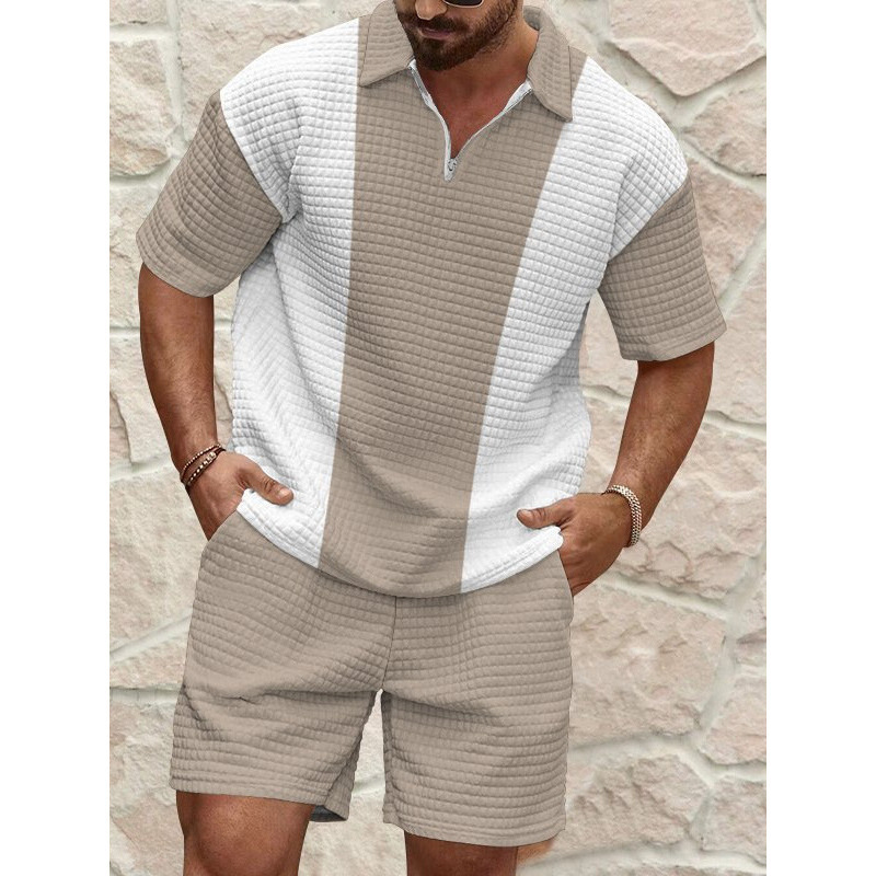 2025 New Cross-Border European and American Amazon New Men's Lapel Quarter Zipper Shirt Top Shorts Suit 2025 New Cross-Border European and American Amazon New Men's Lapel Quarter Zipper Shirt Top Shorts Suit