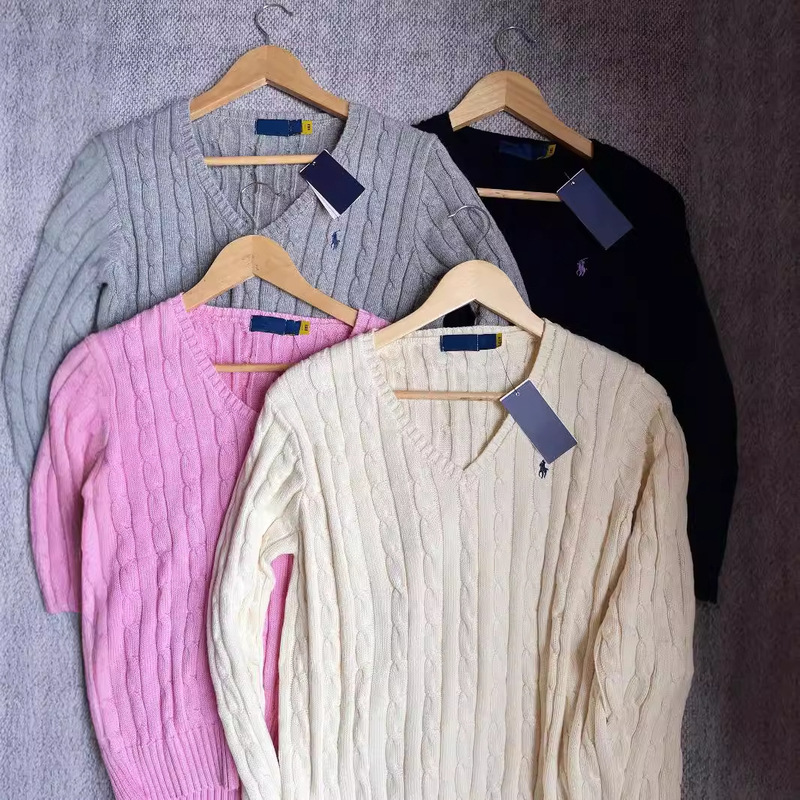 high quality Sweep Size Pony Embroidered Classic V-neck Long Sleeve Cotton Twisted Knit Top All-match Casual